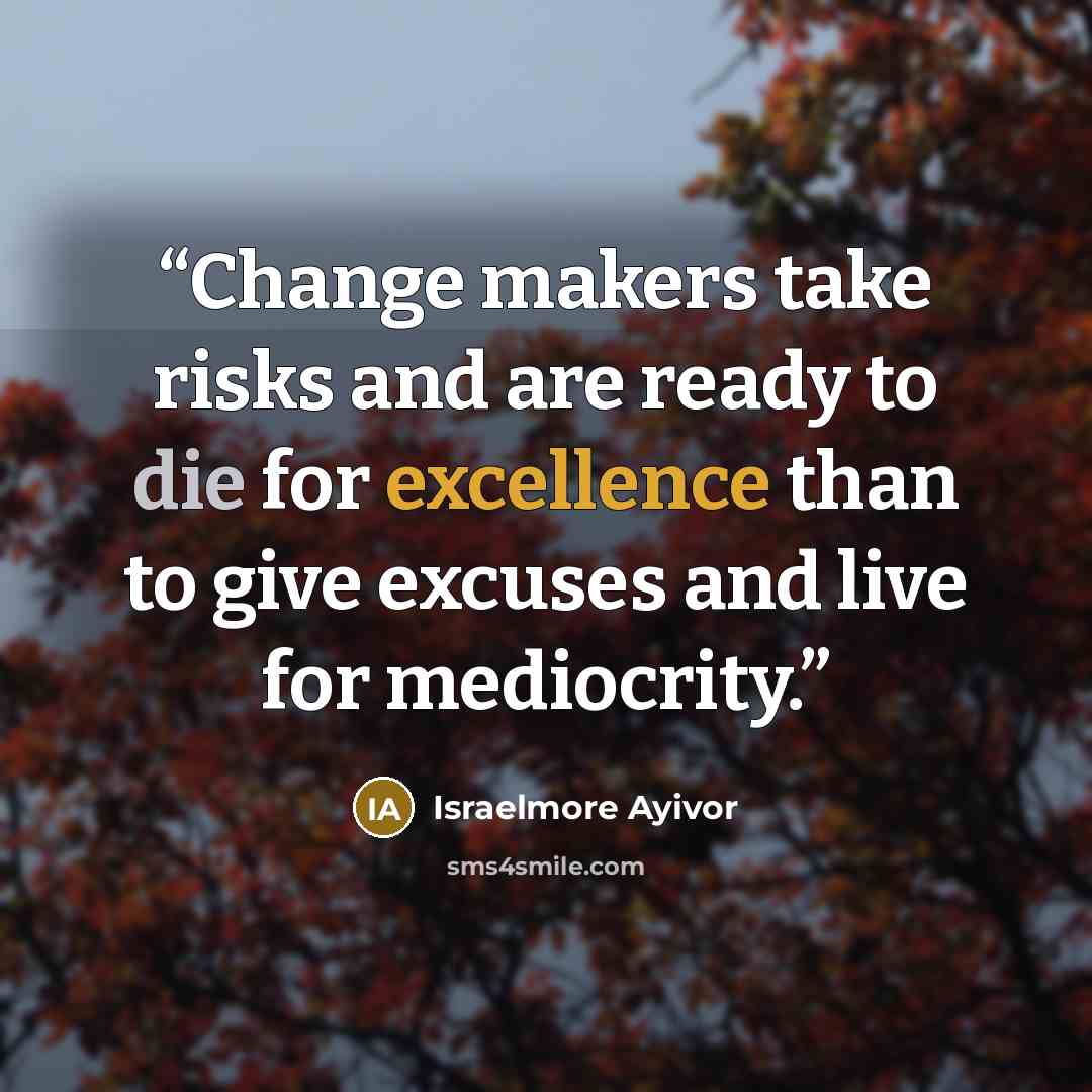 “Change makers take risks and are ready to die for excellence than to give excuses and live for mediocrity.” quote by Israelmore Ayivor
