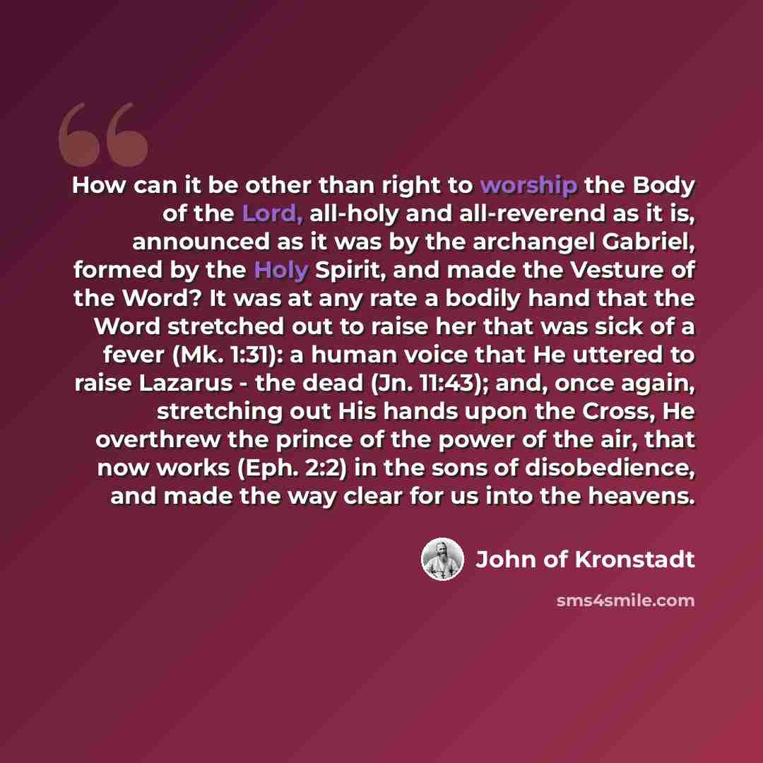 “How can it be other than right to worship the Body of the Lord, all-holy and all-reverend as it is, announced as it was by the archangel Gabriel, formed by the Holy Spirit, and made the Vesture of the Word? It was at any rate a bodily hand that the Word stretched out to raise her that was sick of…” quote by John of Kronstadt