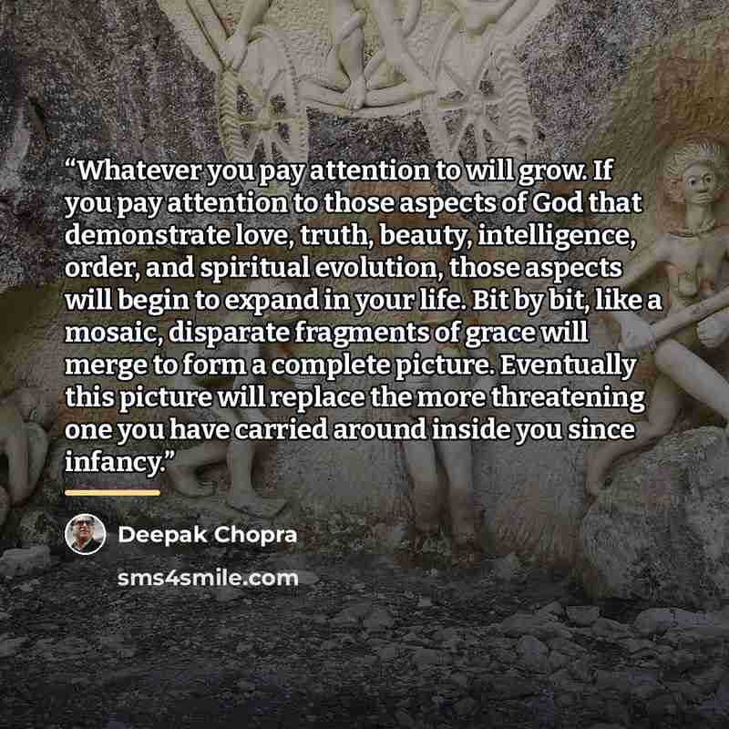 “Whatever you pay attention to will grow. If you pay attention to those aspects of God that demonstrate love, truth, beauty, intelligence, order, and spiritual evolution, those aspects will begin to expand in your life. Bit by bit, like a mosaic, disparate fragments of grace will merge to form a…” quote by Deepak Chopra