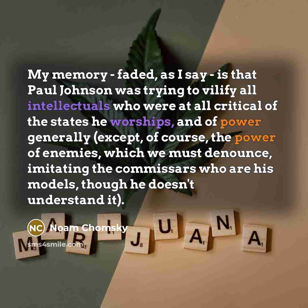 “My memory - faded, as I say - is that Paul Johnson was trying to vilify all intellectuals who were at all critical of the states he worships, and of power generally (except, of course, the power of enemies, which we must denounce, imitating the commissars who are his models, though he doesn't…” quote by Noam Chomsky