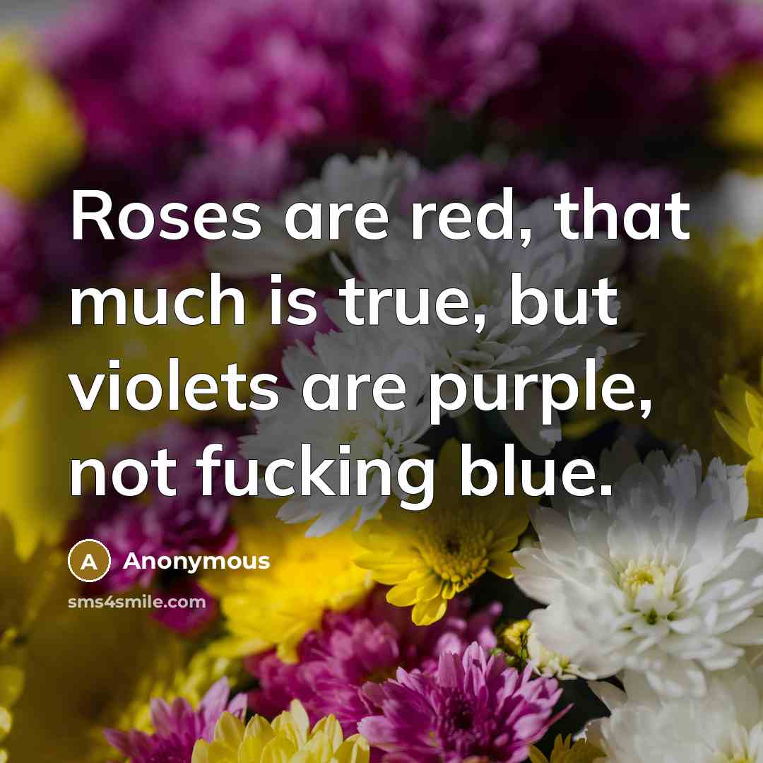 “Roses are red, that much is true, but violets are purple, not fucking blue.” quote by Anonymous