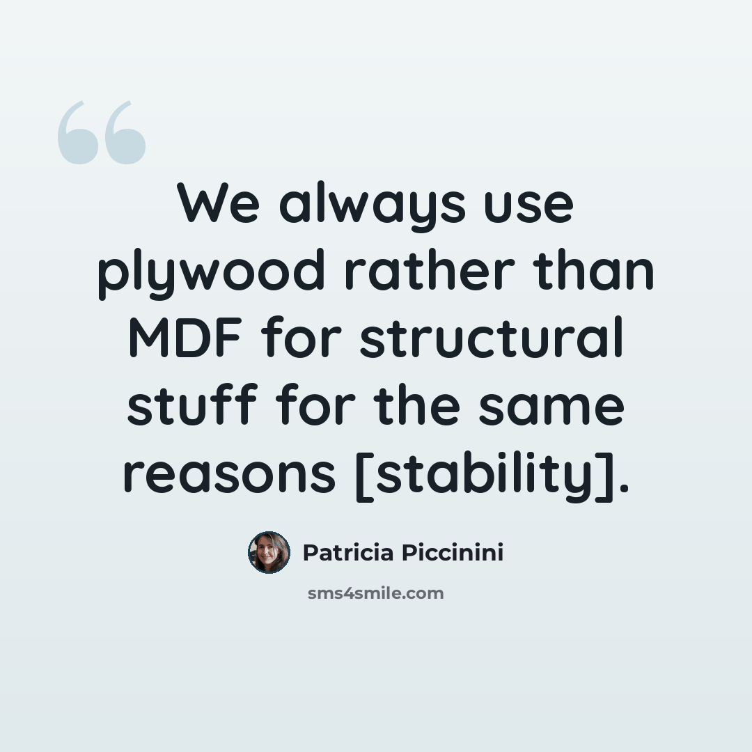 “We always use plywood rather than MDF for structural stuff for the same reasons [stability].” quote by Patricia Piccinini