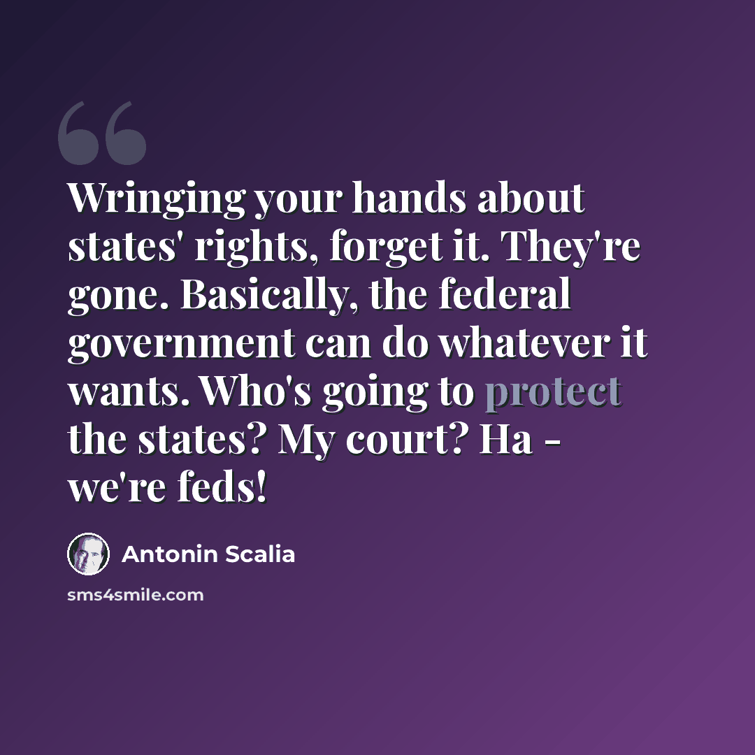“Wringing your hands about states' rights, forget it. They're gone. Basically, the federal government can do whatever it wants. Who's going to protect the states? My court? Ha - we're feds!” quote by Antonin Scalia