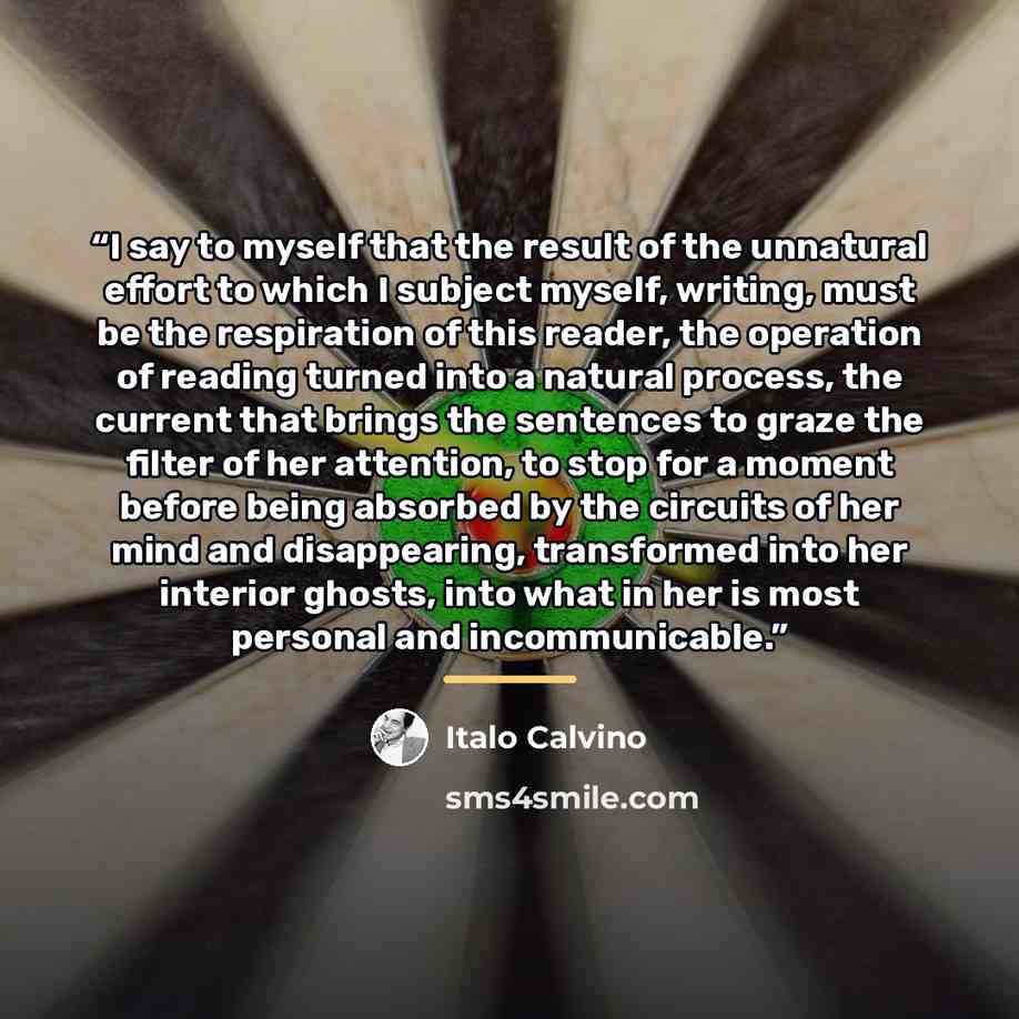“I say to myself that the result of the unnatural effort to which I subject myself, writing, must be the respiration of this reader, the operation of reading turned into a natural process, the current that brings the sentences to graze the filter of her attention, to stop for a moment before being…” quote by Italo Calvino