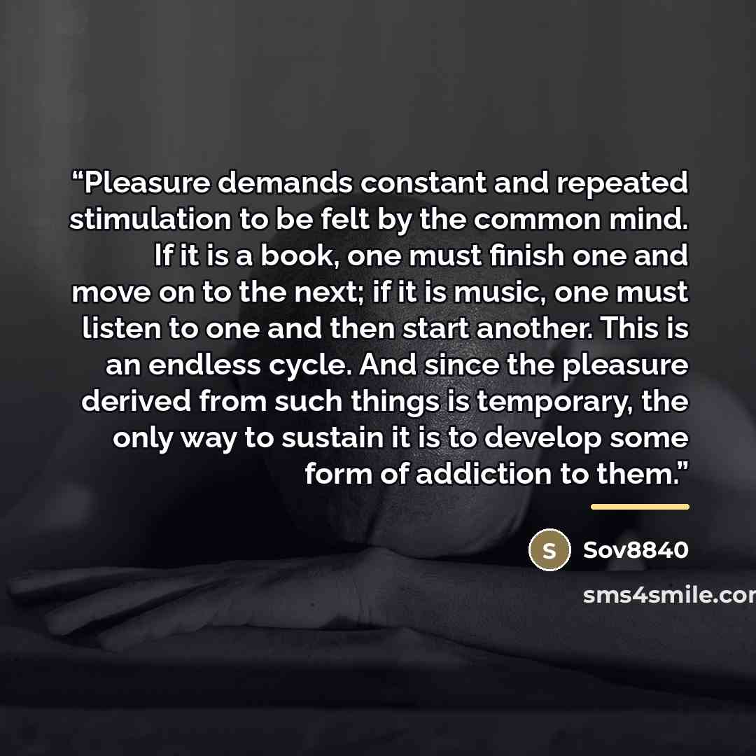 “Pleasure demands constant and repeated stimulation to be felt by the common mind. If it is a book, one must finish one and move on to the next; if it is music, one must listen to one and then start another. This is an endless cycle. And since the pleasure derived from such things is temporary, the…” quote by Sov8840