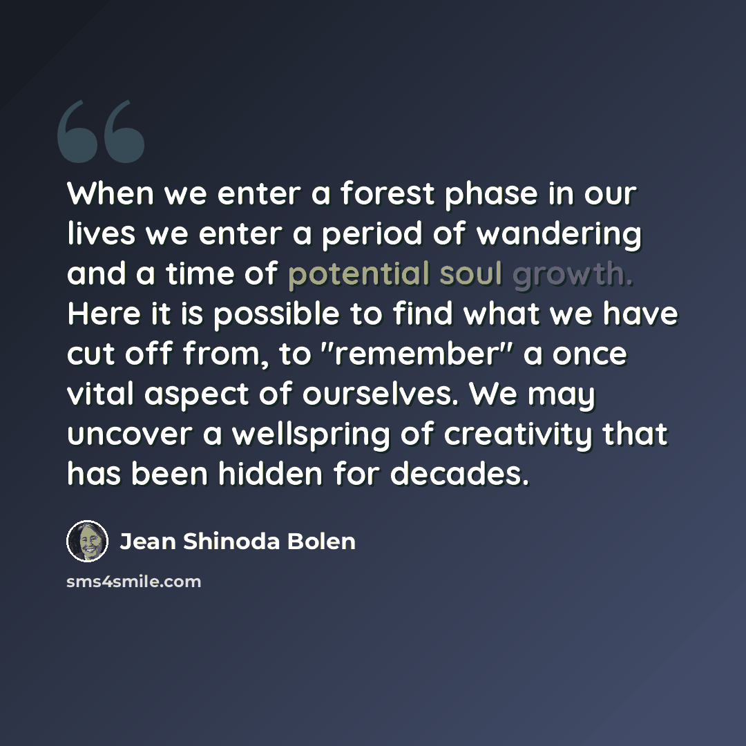 “When we enter a forest phase in our lives we enter a period of wandering and a time of potential soul growth. Here it is possible to find what we have cut off from, to "remember" a once vital aspect of ourselves. We may uncover a wellspring of creativity that has been hidden for decades.” quote by Jean Shinoda Bolen
