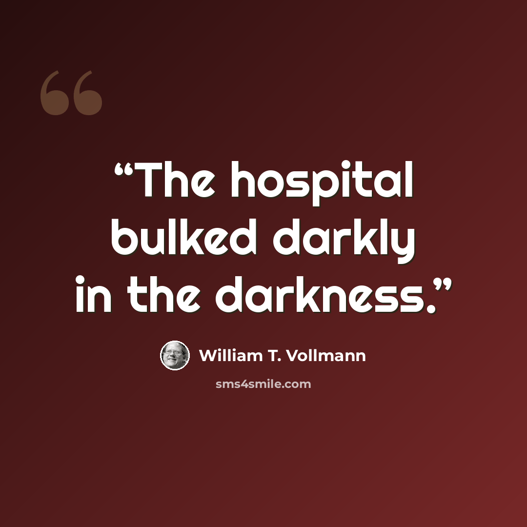 “The hospital bulked darkly in the darkness.” quote by William T. Vollmann