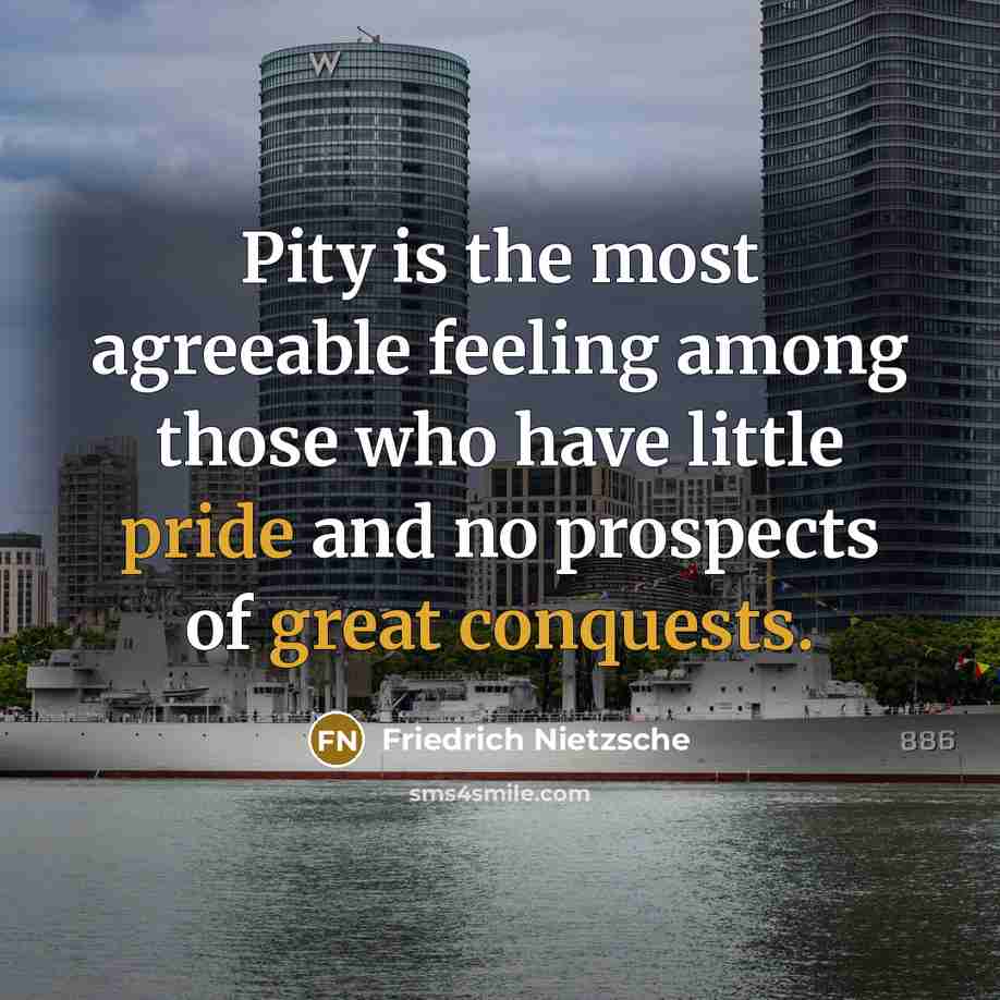 “Pity is the most agreeable feeling among those who have little pride and no prospects of great conquests.” quote by Friedrich Nietzsche