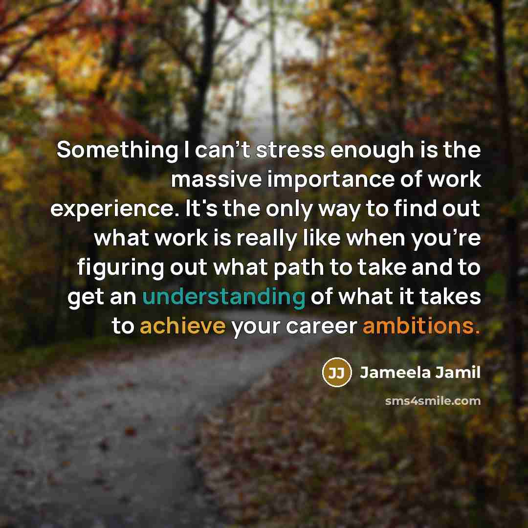 “Something I can't stress enough is the massive importance of work experience. It's the only way to find out what work is really like when you're figuring out what path to take and to get an understanding of what it takes to achieve your career ambitions.” quote by Jameela Jamil