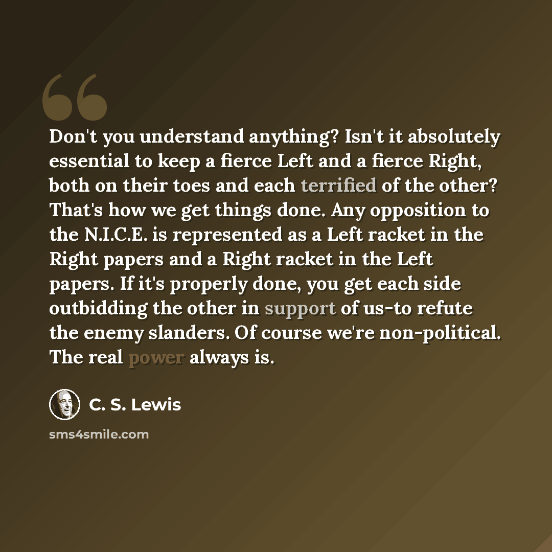 “Don't you understand anything? Isn't it absolutely essential to keep a fierce Left and a fierce Right, both on their toes and each terrified of the other? That's how we get things done. Any opposition to the N.I.C.E. is represented as a Left racket in the Right papers and a Right racket in the…” quote by C. S. Lewis