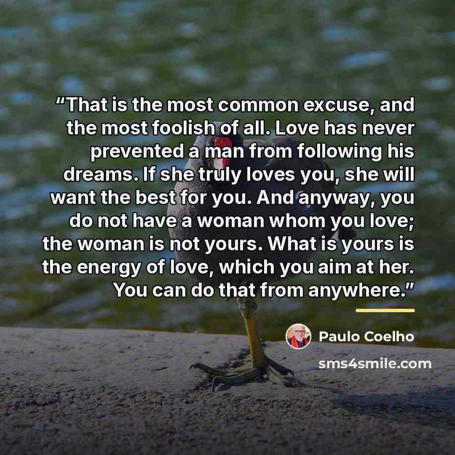 “That is the most common excuse, and the most foolish of all. Love has never prevented a man from following his dreams. If she truly loves you, she will want the best for you. And anyway, you do not have a woman whom you love; the woman is not yours. What is yours is the energy of love, which you…” quote by Paulo Coelho