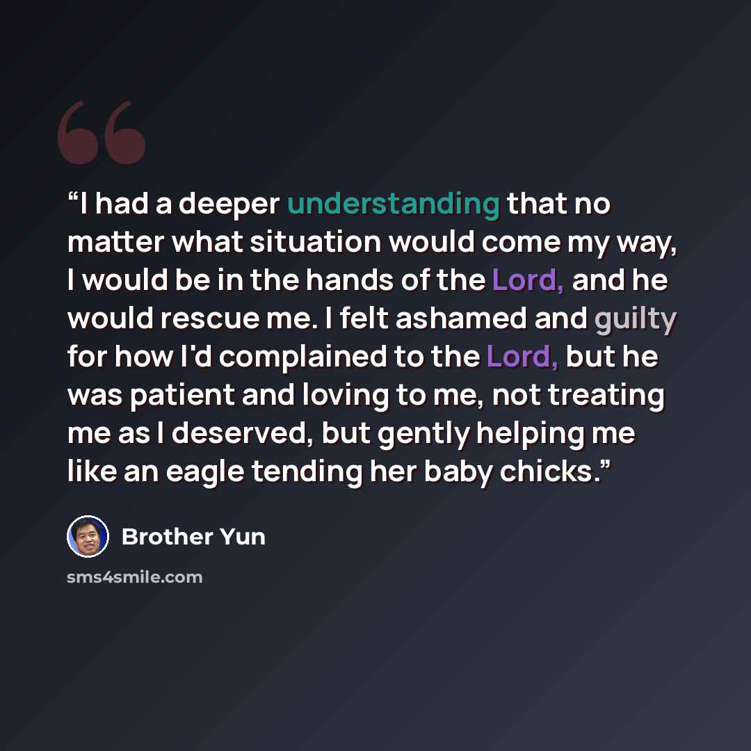 “I had a deeper understanding that no matter what situation would come my way, I would be in the hands of the Lord, and he would rescue me. I felt ashamed and guilty for how I'd complained to the Lord, but he was patient and loving to me, not treating me as I deserved, but gently helping me like an…” quote by Brother Yun