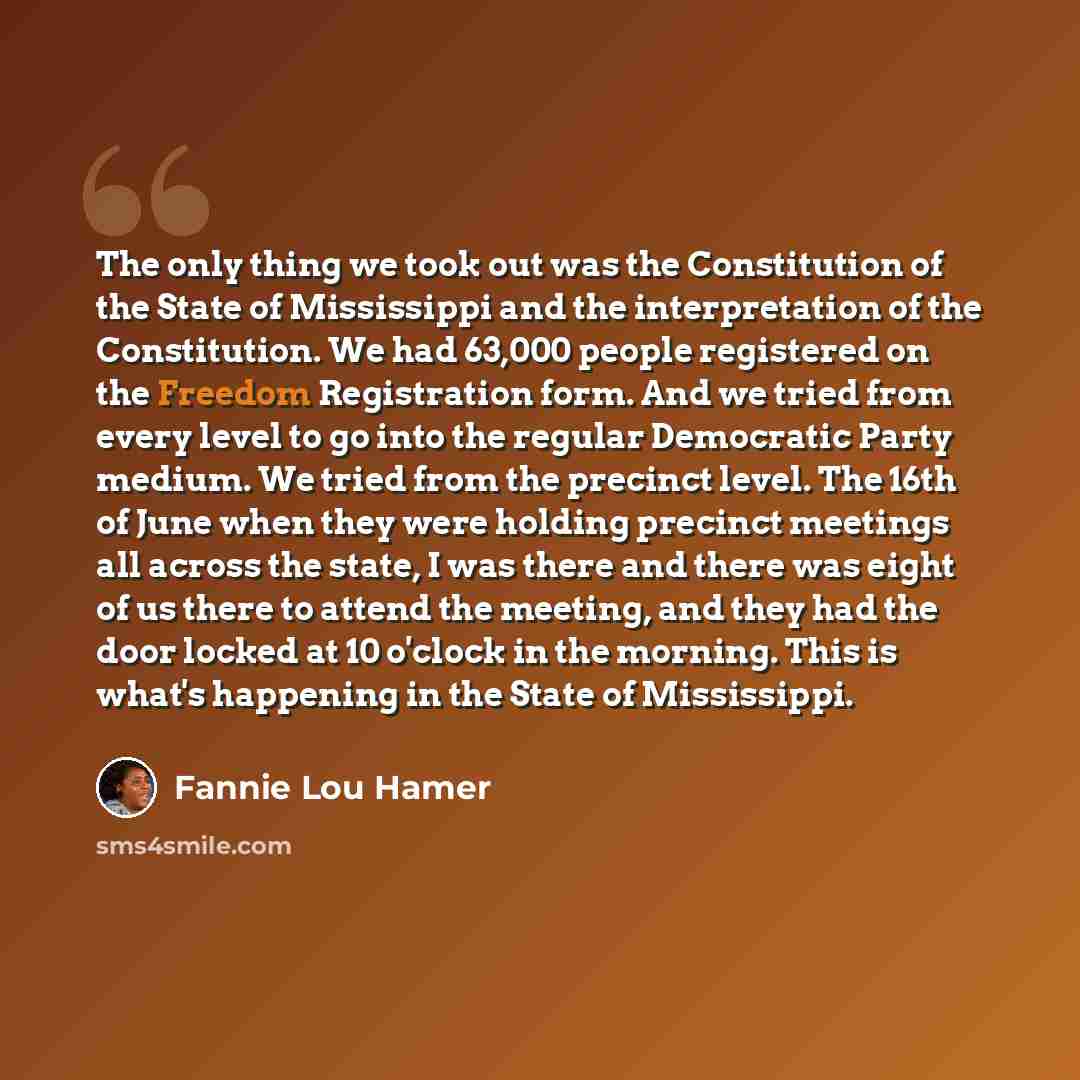 “The only thing we took out was the Constitution of the State of Mississippi and the interpretation of the Constitution. We had 63,000 people registered on the Freedom Registration form. And we tried from every level to go into the regular Democratic Party medium. We tried from the precinct level…” quote by Fannie Lou Hamer