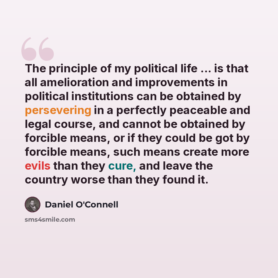 “The principle of my political life ... is that all amelioration and improvements in political institutions can be obtained by persevering in a perfectly peaceable and legal course, and cannot be obtained by forcible means, or if they could be got by forcible means, such means create more evils…” quote by Daniel O'Connell