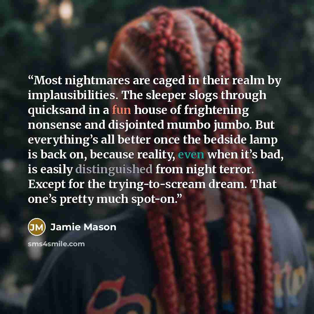 “Most nightmares are caged in their realm by implausibilities. The sleeper slogs through quicksand in a fun house of frightening nonsense and disjointed mumbo jumbo. But everything’s all better once the bedside lamp is back on, because reality, even when it’s bad, is easily distinguished from night…” quote by Jamie Mason