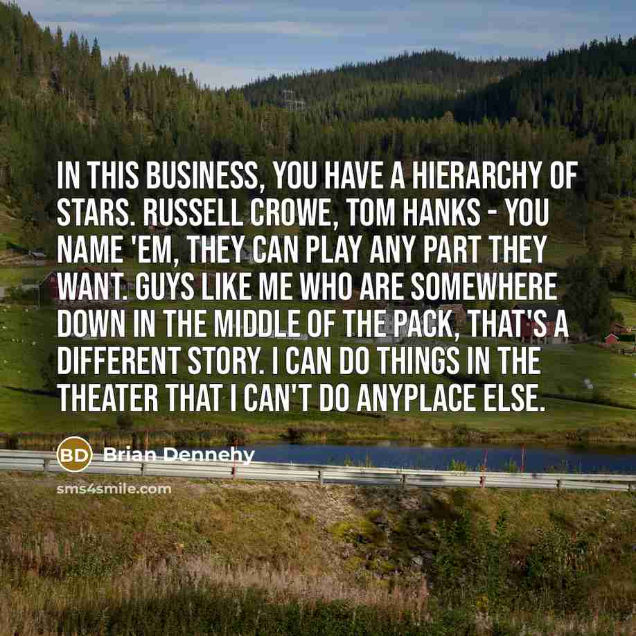 “In this business, you have a hierarchy of stars. Russell Crowe, Tom Hanks - you name 'em, they can play any part they want. Guys like me who are somewhere down in the middle of the pack, that's a different story. I can do things in the theater that I can't do anyplace else.” quote by Brian Dennehy