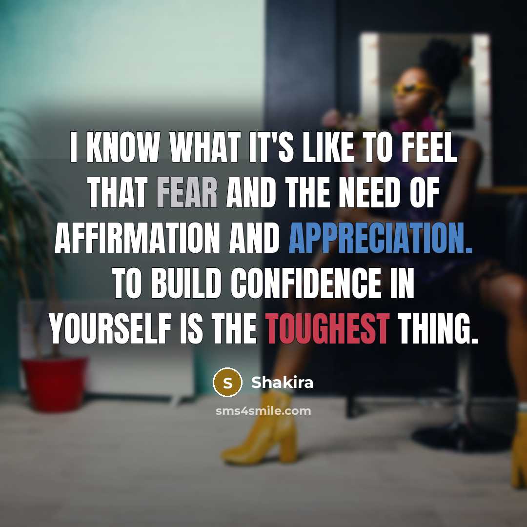 “I know what it's like to feel that fear and the need of affirmation and appreciation. To build confidence in yourself is the toughest thing.” quote by Shakira