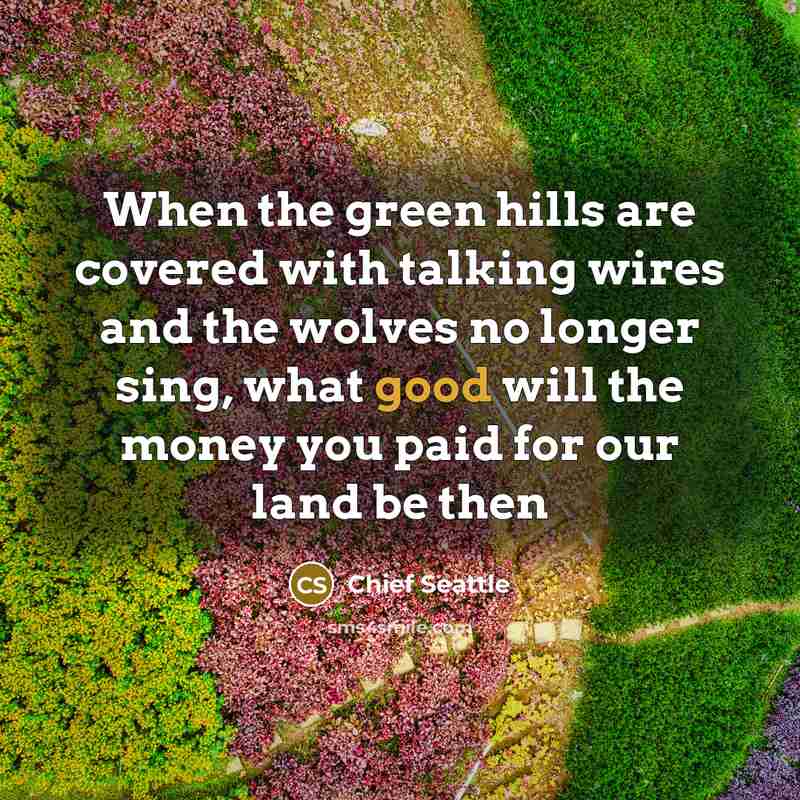 “When the green hills are covered with talking wires and the wolves no longer sing, what good will the money you paid for our land be then” quote by Chief Seattle