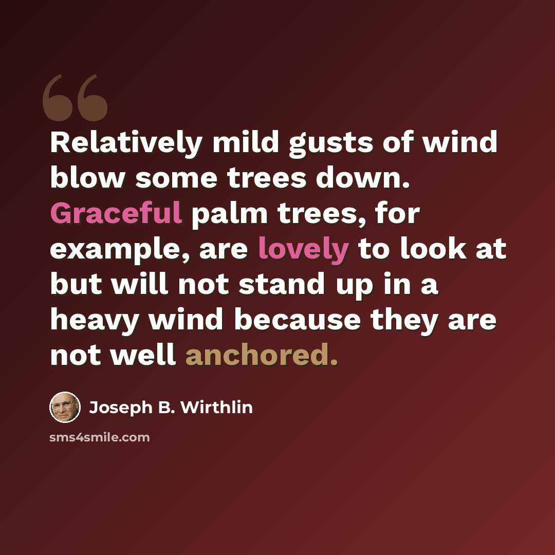 “Relatively mild gusts of wind blow some trees down. Graceful palm trees, for example, are lovely to look at but will not stand up in a heavy wind because they are not well anchored.” quote by Joseph B. Wirthlin