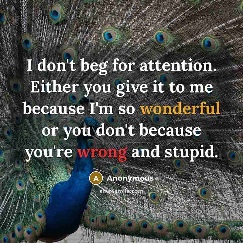 “I don't beg for attention. Either you give it to me because I'm so wonderful or you don't because you're wrong and stupid.” quote by Anonymous