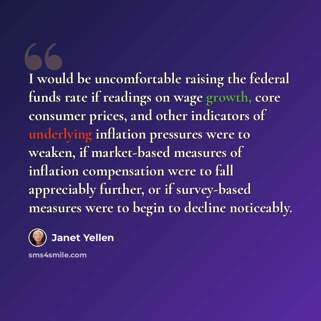“I would be uncomfortable raising the federal funds rate if readings on wage growth, core consumer prices, and other indicators of underlying inflation pressures were to weaken, if market-based measures of inflation compensation were to fall appreciably further, or if survey-based measures were to…” quote by Janet Yellen