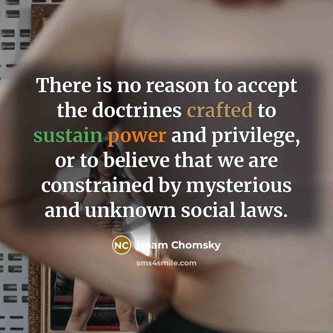 “There is no reason to accept the doctrines crafted to sustain power and privilege, or to believe that we are constrained by mysterious and unknown social laws.” quote by Noam Chomsky