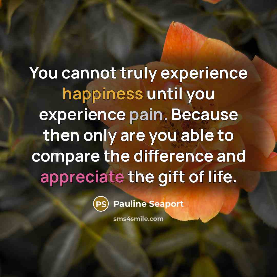 “You cannot truly experience happiness until you experience pain. Because then only are you able to compare the difference and appreciate the gift of life.” quote by Pauline Seaport