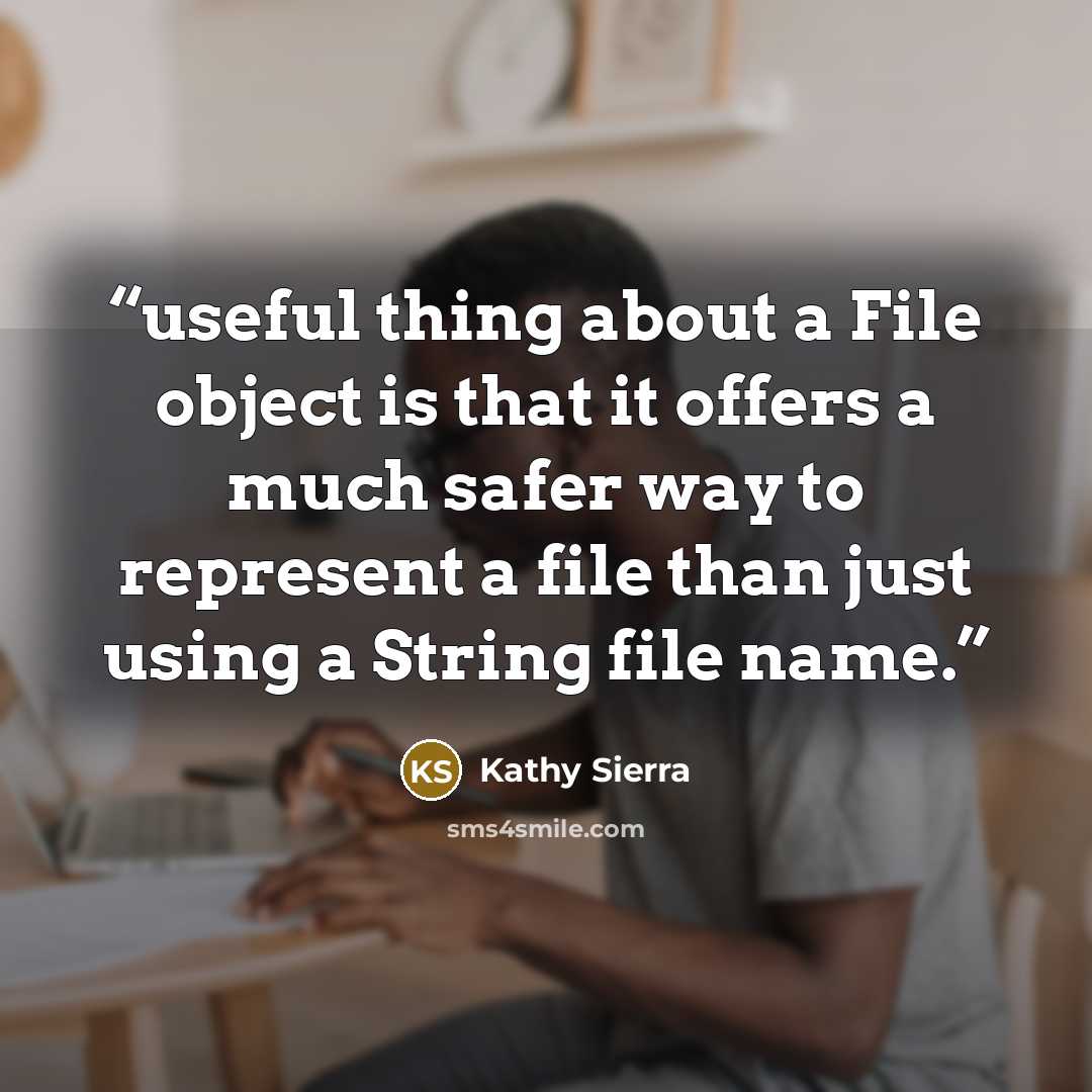 “useful thing about a File object is that it offers a much safer way to represent a file than just using a String file name.” quote by Kathy Sierra