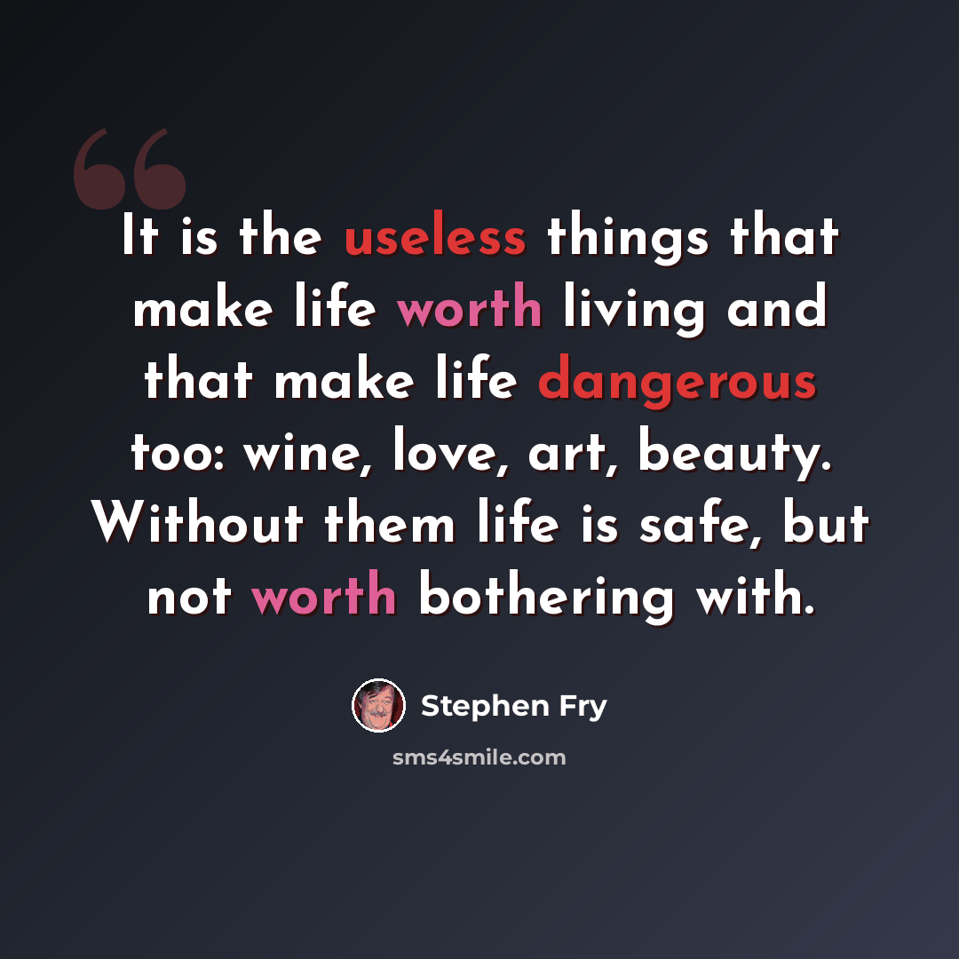 “It is the useless things that make life worth living and that make life dangerous too: wine, love, art, beauty. Without them life is safe, but not worth bothering with.” quote by Stephen Fry