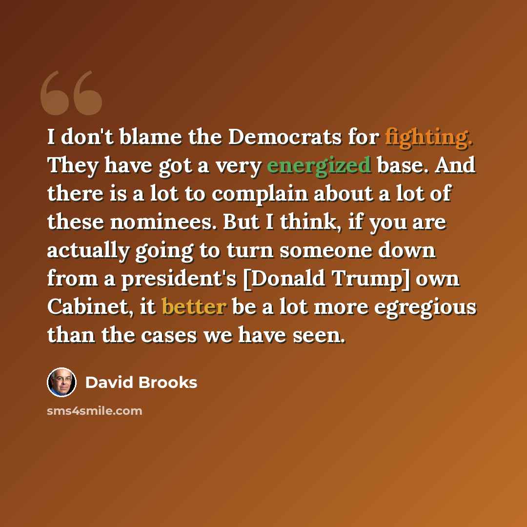 “I don't blame the Democrats for fighting. They have got a very energized base. And there is a lot to complain about a lot of these nominees. But I think, if you are actually going to turn someone down from a president's [Donald Trump] own Cabinet, it better be a lot more egregious than the cases…” quote by David Brooks