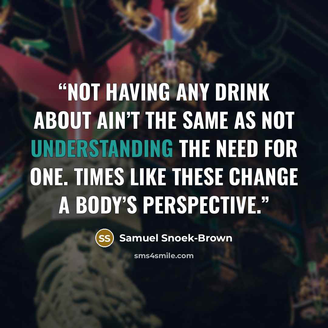 “Not having any drink about ain’t the same as not understanding the need for one. Times like these change a body’s perspective.” quote by Samuel Snoek-Brown