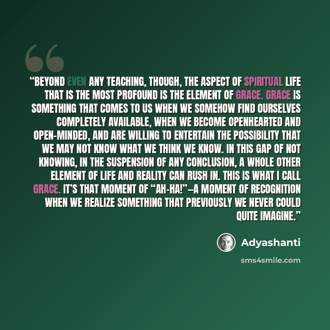 “Beyond even any teaching, though, the aspect of spiritual life that is the most profound is the element of grace. Grace is something that comes to us when we somehow find ourselves completely available, when we become openhearted and open-minded, and are willing to entertain the possibility that…” quote by Adyashanti
