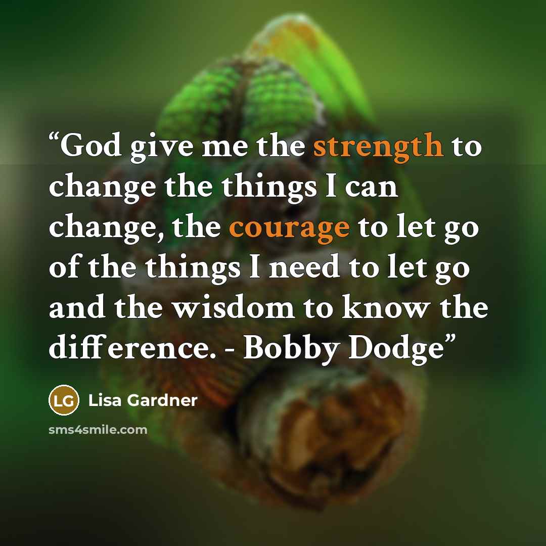 “God give me the strength to change the things I can change, the courage to let go of the things I need to let go and the wisdom to know the difference. - Bobby Dodge” quote by Lisa Gardner