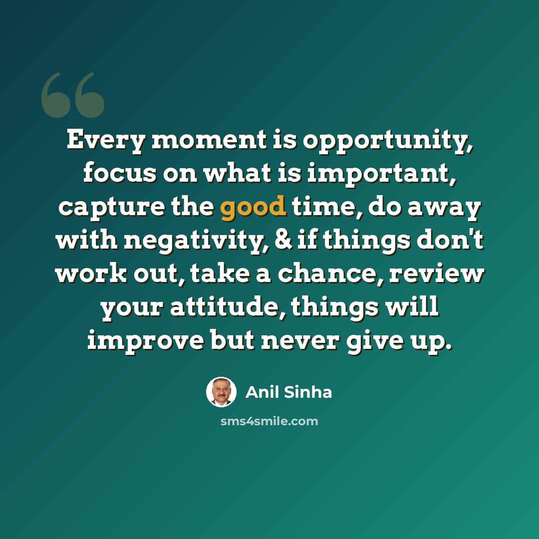 “Every moment is opportunity, focus on what is important, capture the good time, do away with negativity, & if things don't work out, take a chance, review your attitude, things will improve but never give up.” quote by Anil Sinha