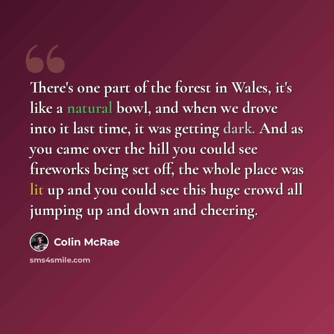 “There's one part of the forest in Wales, it's like a natural bowl, and when we drove into it last time, it was getting dark. And as you came over the hill you could see fireworks being set off, the whole place was lit up and you could see this huge crowd all jumping up and down and cheering.” quote by Colin McRae