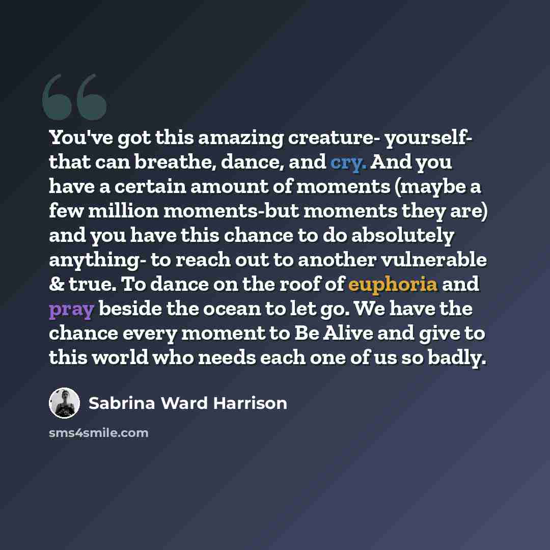 “You've got this amazing creature- yourself- that can breathe, dance, and cry. And you have a certain amount of moments (maybe a few million moments-but moments they are) and you have this chance to do absolutely anything- to reach out to another vulnerable & true. To dance on the roof of euphoria…” quote by Sabrina Ward Harrison