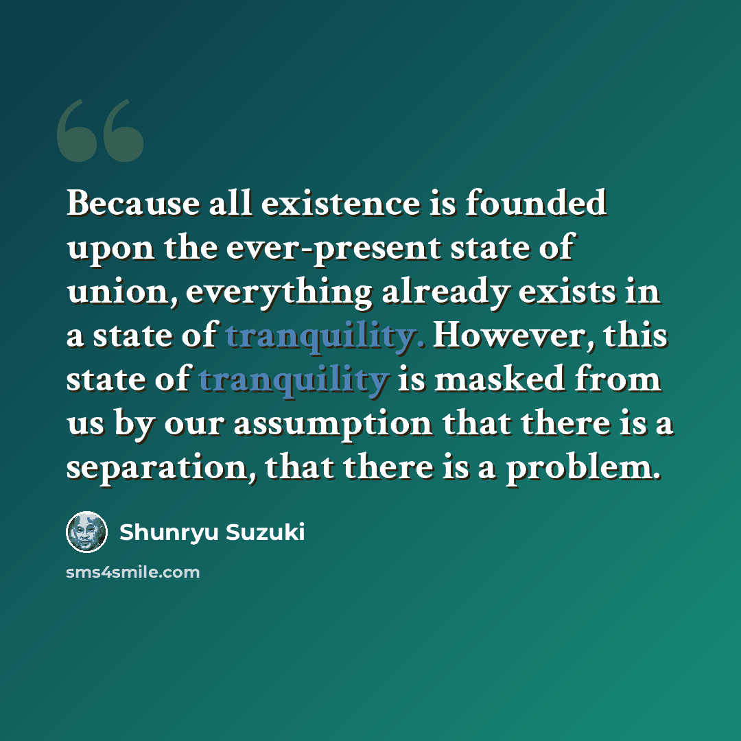 “Because all existence is founded upon the ever-present state of union, everything already exists in a state of tranquility. However, this state of tranquility is masked from us by our assumption that there is a separation, that there is a problem.” quote by Shunryu Suzuki