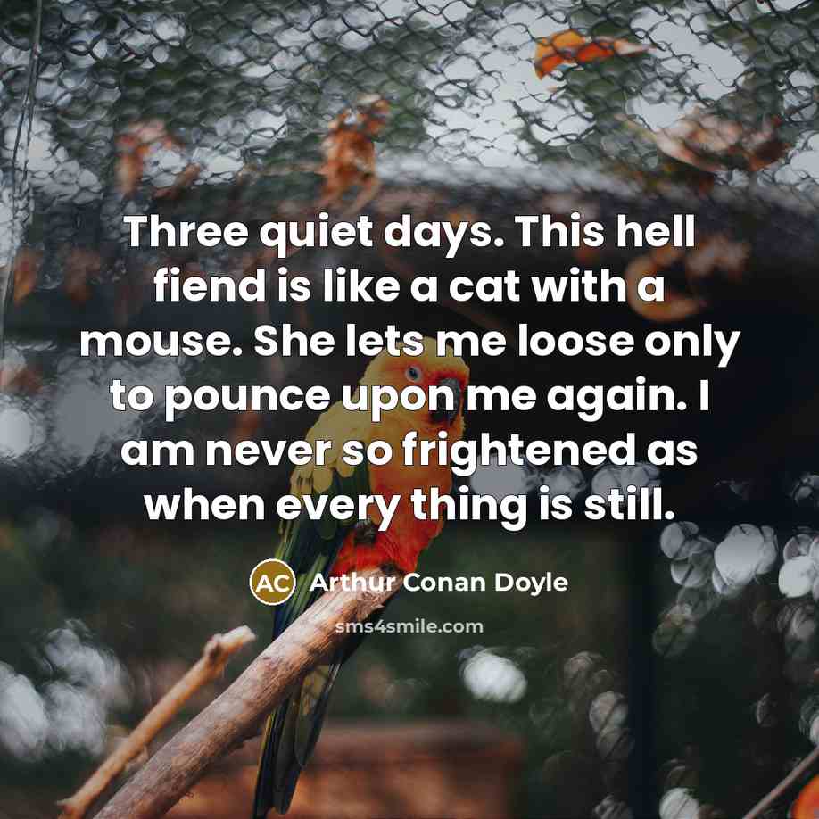 “Three quiet days. This hell fiend is like a cat with a mouse. She lets me loose only to pounce upon me again. I am never so frightened as when every thing is still.” quote by Arthur Conan Doyle