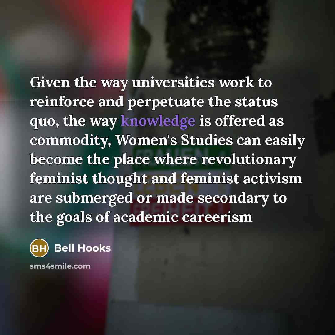 “Given the way universities work to reinforce and perpetuate the status quo, the way knowledge is offered as commodity, Women's Studies can easily become the place where revolutionary feminist thought and feminist activism are submerged or made secondary to the goals of academic careerism” quote by Bell Hooks