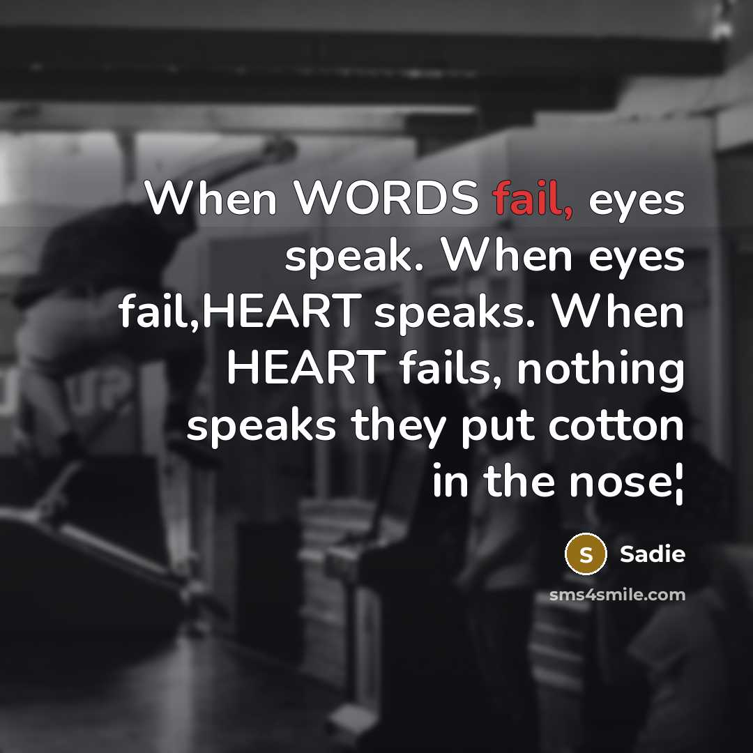 “When WORDS fail, eyes speak. When eyes fail,HEART speaks. When HEART fails, nothing speaks they put cotton in the nose¦” quote by Sadie