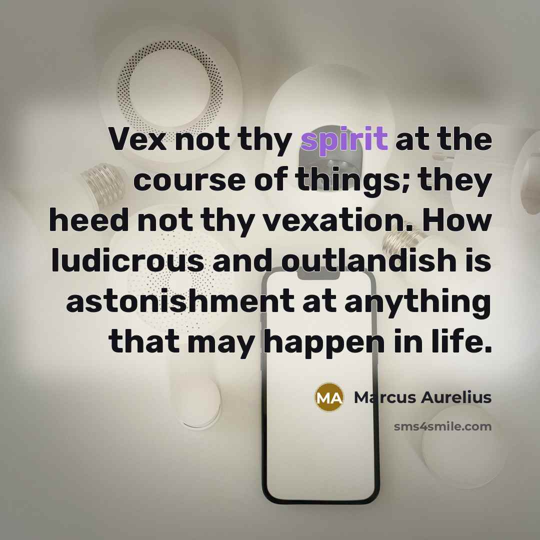 “Vex not thy spirit at the course of things; they heed not thy vexation. How ludicrous and outlandish is astonishment at anything that may happen in life.” quote by Marcus Aurelius
