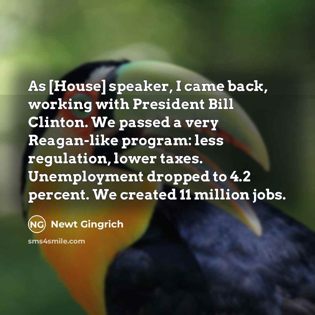 “As [House] speaker, I came back, working with President Bill Clinton. We passed a very Reagan-like program: less regulation, lower taxes. Unemployment dropped to 4.2 percent. We created 11 million jobs.” quote by Newt Gingrich