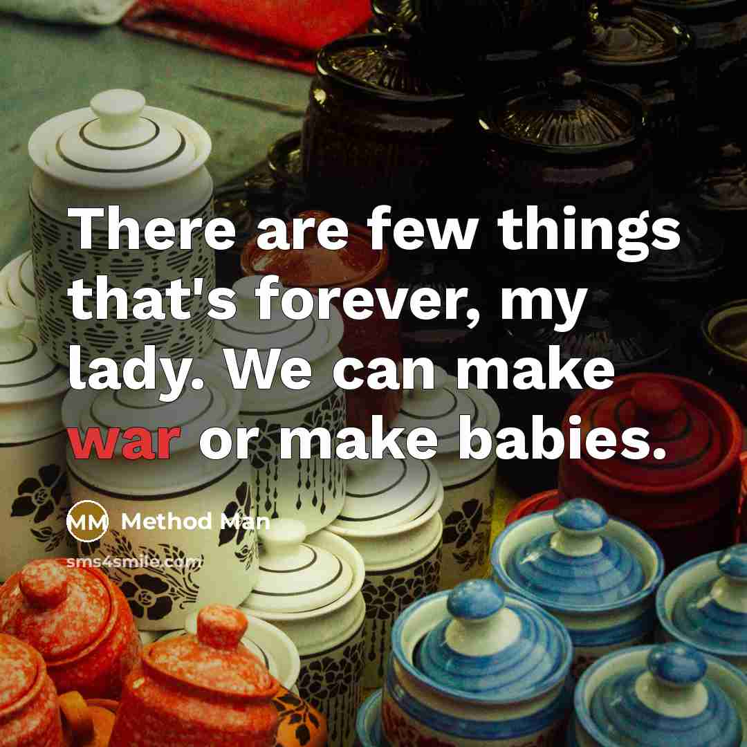 “There are few things that's forever, my lady. We can make war or make babies.” quote by Method Man