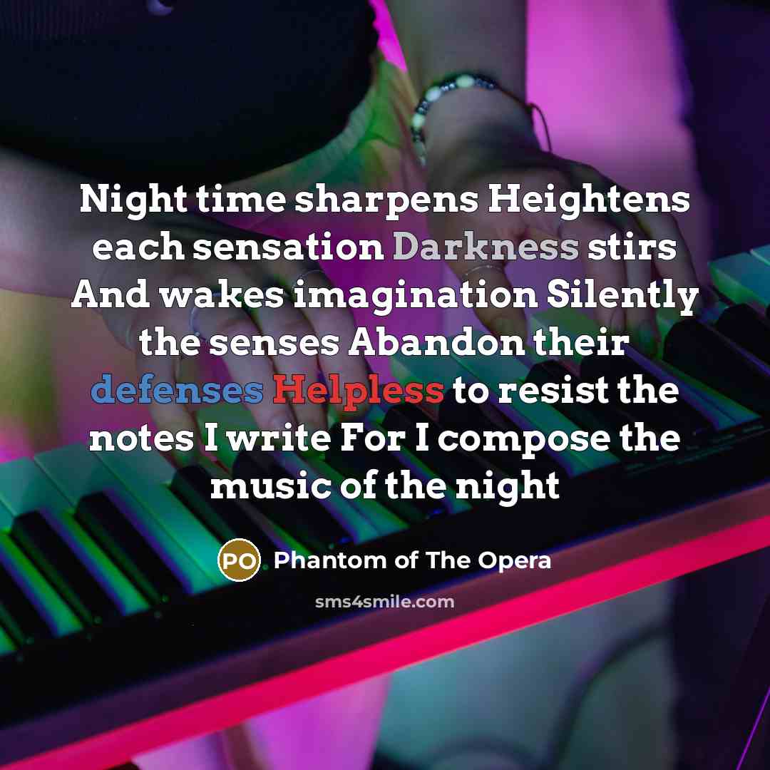 “Night time sharpens Heightens each sensation Darkness stirs And wakes imagination Silently the senses Abandon their defenses Helpless to resist the notes I write For I compose the music of the night” quote by Phantom Of The Opera