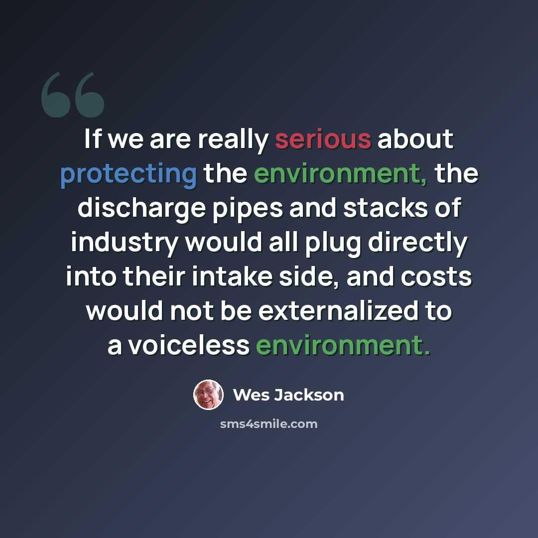 “If we are really serious about protecting the environment, the discharge pipes and stacks of industry would all plug directly into their intake side, and costs would not be externalized to a voiceless environment.” quote by Wes Jackson