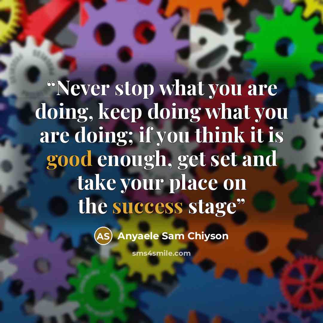 “Never stop what you are doing, keep doing what you are doing; if you think it is good enough, get set and take your place on the success stage” quote by Anyaele Sam Chiyson