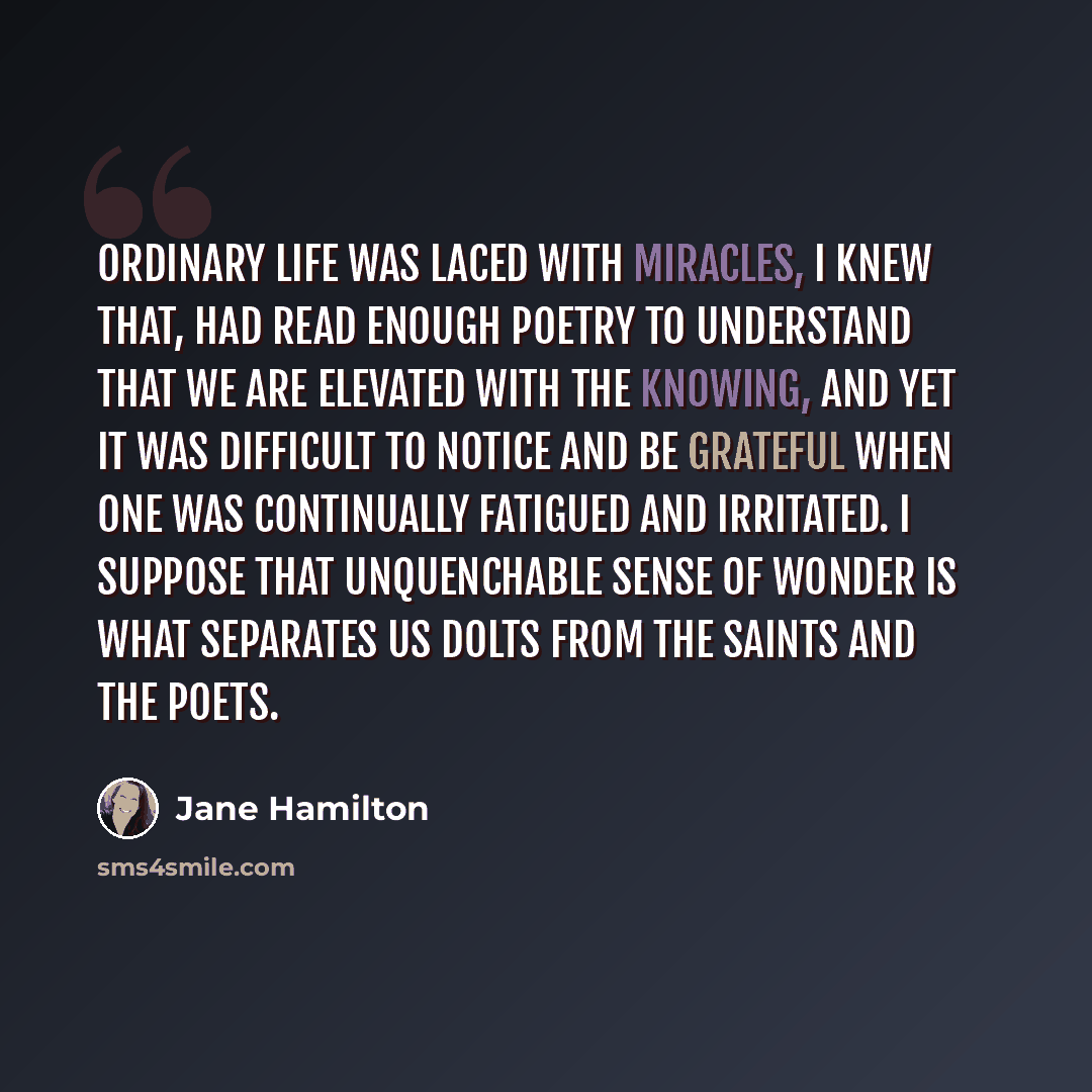 “Ordinary life was laced with miracles, I knew that, had read enough poetry to understand that we are elevated with the knowing, and yet it was difficult to notice and be grateful when one was continually fatigued and irritated. I suppose that unquenchable sense of wonder is what separates us dolts…” quote by Jane Hamilton