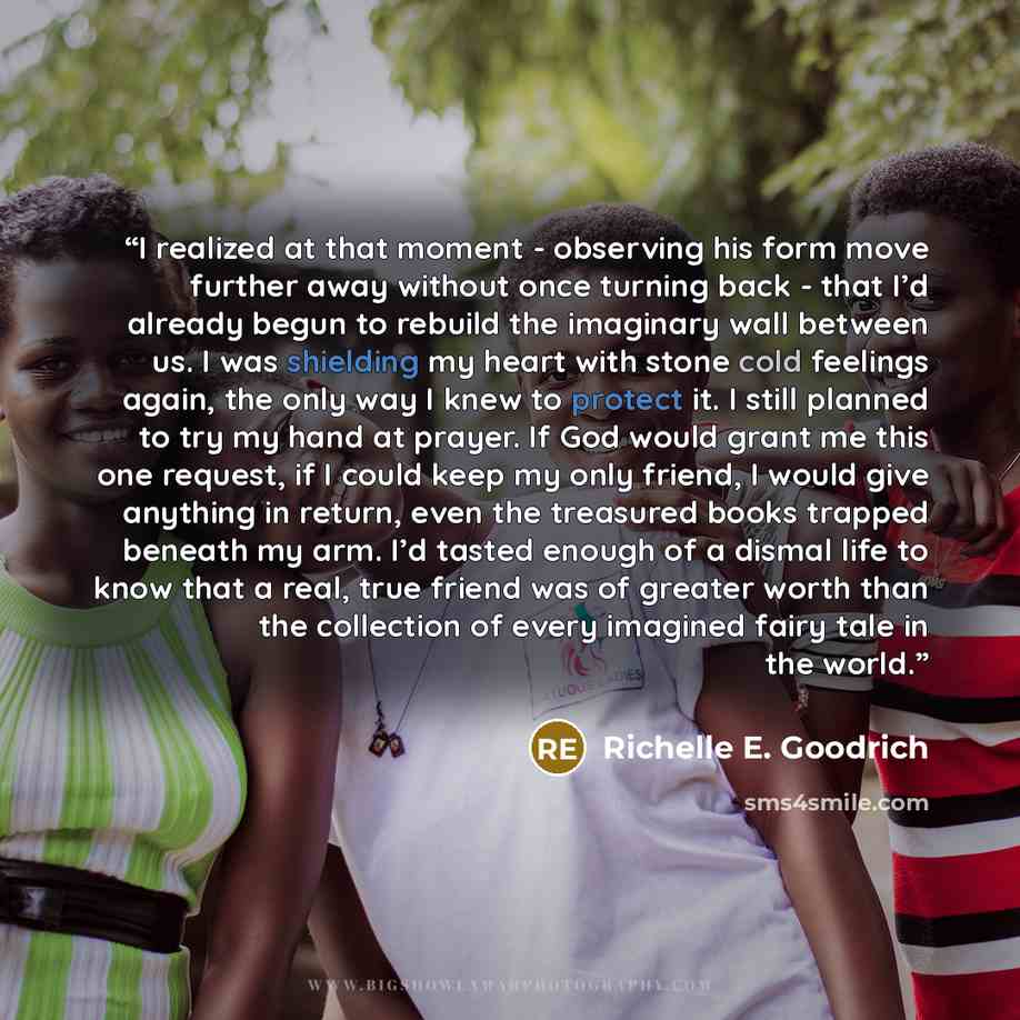 “I realized at that moment - observing his form move further away without once turning back - that I’d already begun to rebuild the imaginary wall between us. I was shielding my heart with stone cold feelings again, the only way I knew to protect it. I still planned to try my hand at prayer. If God…” quote by Richelle E. Goodrich
