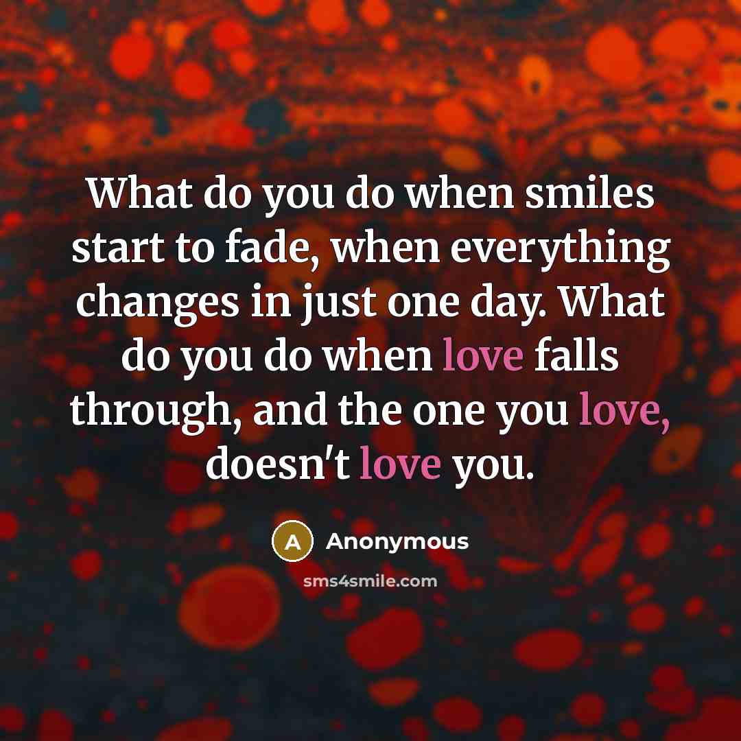 “What do you do when smiles start to fade, when everything changes in just one day. What do you do when love falls through, and the one you love, doesn't love you.” quote by Anonymous