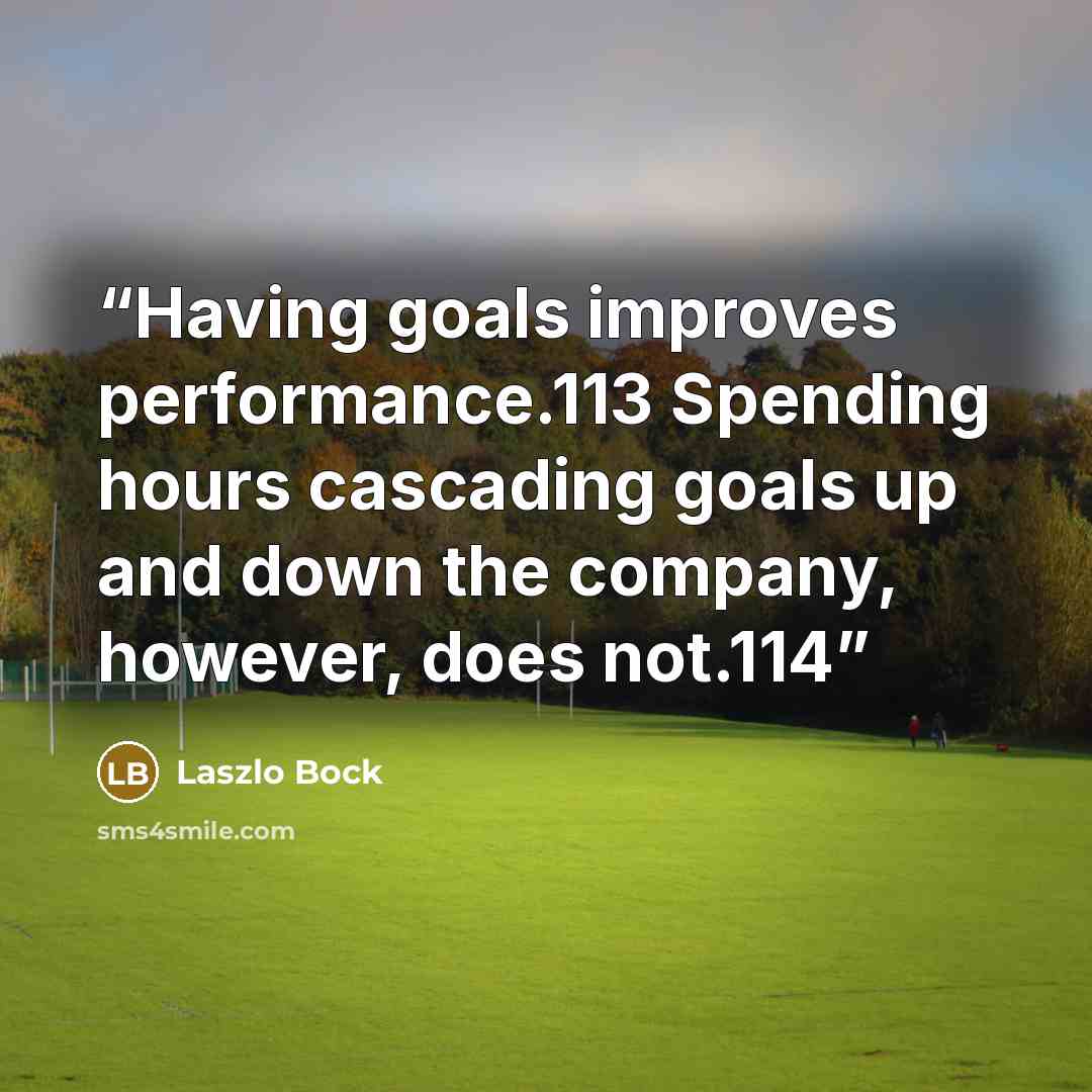 “Having goals improves performance.113 Spending hours cascading goals up and down the company, however, does not.114” quote by Laszlo Bock